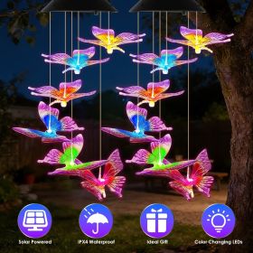 Solar Butterfly Wind Chime 7 Color Changing Wind Chime for Outside IPX4 Waterproof Outdoor Garden Yard Decor (Color: Purple & Yellow, Quantity: 2Pcs)
