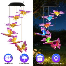 Solar Butterfly Wind Chime 7 Color Changing Wind Chime for Outside IPX4 Waterproof Outdoor Garden Yard Decor (Color: Purple & Yellow, Quantity: 1Pc)